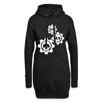 Weiße Zahnräder und Totenköpfe - Hoodie-Kleid - Schwarz - Vorne