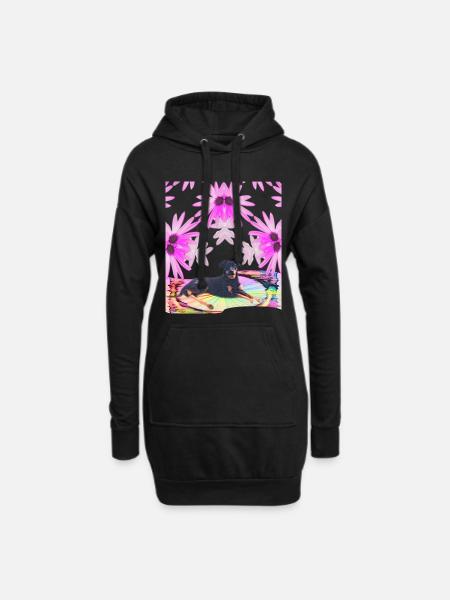 Male Lobo - surrounded by pink flowers in the rainbow - Hoodie Dress - black