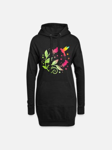 Fleurs - Couleurs - Colibri - Nature - Femmes - Sweat-shirt à capuche long Femme - noir