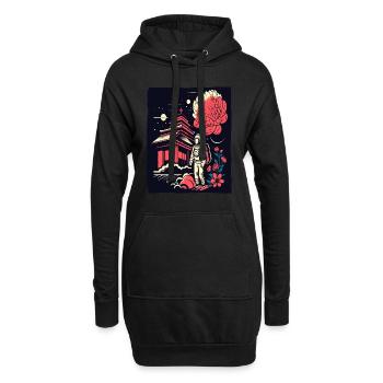 Astronaut vor japanischem Tempel mit Blumen - Hoodie-Kleid - Schwarz - Vorne