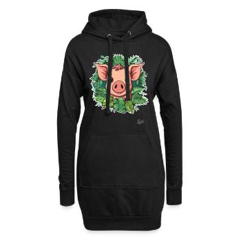 Kleines Süßes Schwein im Pflanzen-Dschungel - Hoodie-Kleid - Schwarz - Vorne
