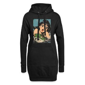 Cartoon Meerjungfrau und grüner Fisch - Hoodie-Kleid - Schwarz - Vorne