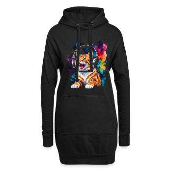 Katze Kopfhörer Bunt Lustig Tier Design Print - Hoodie-Kleid - Schwarz - Vorne