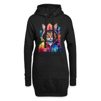Katze Hoodie Bunt Lustig Tier Design Print - Hoodie-Kleid - Schwarz - Vorne