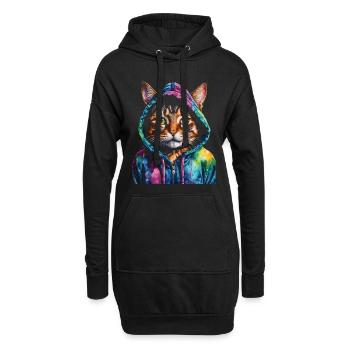 Katze Hoodie Bunt Lustig Tier Design Print - Hoodie-Kleid - Schwarz - Vorne