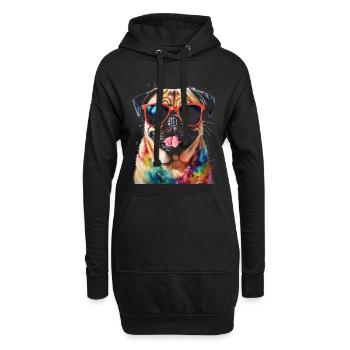 Mops Sonnenbrille Hund Bunt Lustig Design Print - Hoodie-Kleid - Schwarz - Vorne