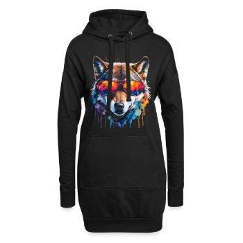 Wolf Sonnenbrille Bunt Tier Design Print - Hoodie-Kleid - Schwarz - Vorne