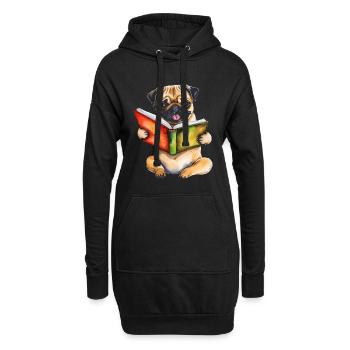 Mops Lesen Buch Hund Bunt Lustig Tier Design Print - Hoodie-Kleid - Schwarz - Vorne