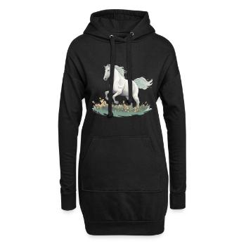 Realistisches Gemälde im Stil des weißen Pferdes auf einer Wiese - Hoodie-Kleid - Schwarz - Vorne