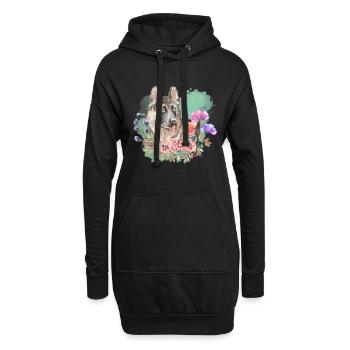 Schäferhund Cottagecore Wasserfarben Blumen - Hoodie-Kleid - Schwarz - Vorne