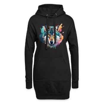 Wolf Porträt Bunt Kunstwerk | Tiermotiv Wolf - Hoodie-Kleid - Schwarz - Vorne