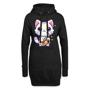 Adorable chat avec graphique de saxophone - Sweat-shirt à capuche long Femme - noir - Devant