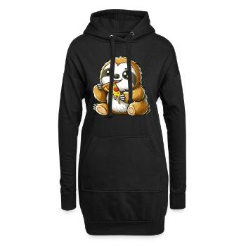 Cute Sloth Enjoys Pizza Cartoon - Hoodie Dress - black - Front