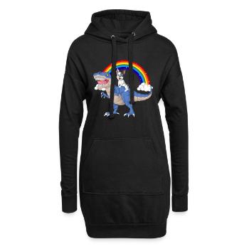 Verspielter Dinosaurier mit Regenbogen und Französische Bulldogge - Hoodie-Kleid - Schwarz - Vorne