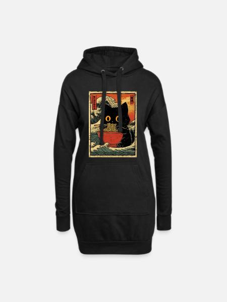 Japan Katze Ramen Nudel Retro Welle Motiv - Hoodie-Kleid - Schwarz