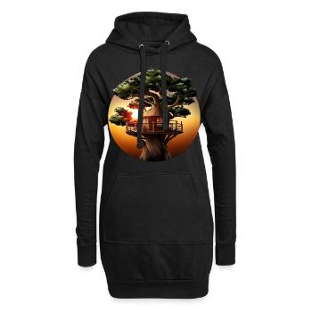 Cabane dans les arbres au coucher du soleil - Sweat-shirt à capuche long Femme - noir - Devant