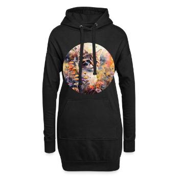 Katze in Blumenwiese - Aquarell - Hoodie-Kleid - Schwarz - Vorne