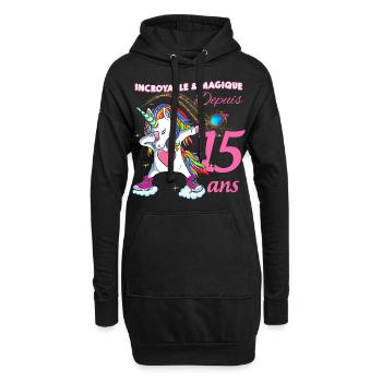 Anniversaire 15 ans Humour Licorne dab Magique - Sweat-shirt à capuche long Femme - noir - Devant