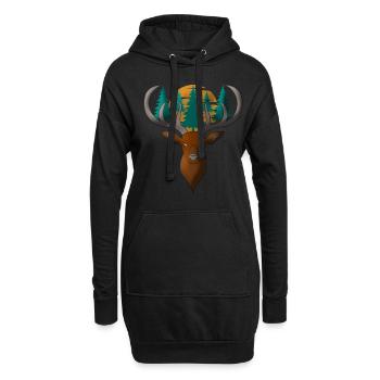 Hirsch Kopf Motiv mit Wald und Vollmond - Hoodie-Kleid - Schwarz - Vorne