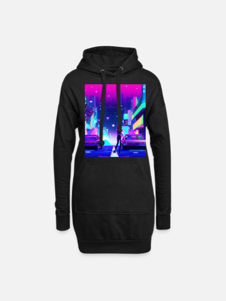 Vaporwave Aesthetic Synthwave City Anime Girl - Hoodie-Kleid - Schwarz