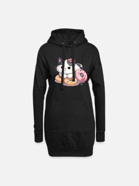 Kawaii Katze mit Donut - Hoodie-Kleid - Schwarz