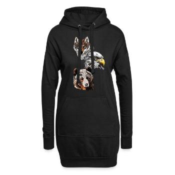 Wildtier Motiv mit Adler, Wolf und Bären Kopf - Hoodie-Kleid - Schwarz - Vorne
