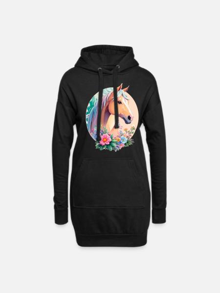 Pastell Farben Pony Pferd Kunst mit Blumen - Hoodie-Kleid - Schwarz