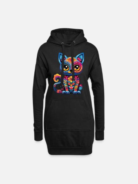 Dia De Los Muertos Katze Meowtos Bunt Blumen - Hoodie-Kleid - Schwarz