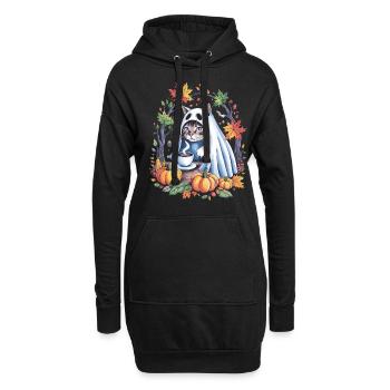 Chat d'Halloween en costume de fantôme avec des citrouilles - Sweat-shirt à capuche long Femme - noir - Devant