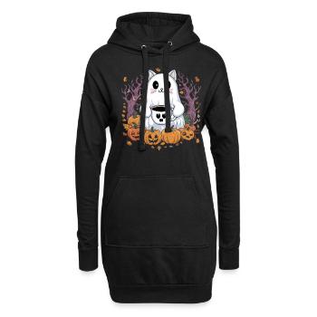 Chat mignon d'Halloween avec du café et des citrouilles - Sweat-shirt à capuche long Femme - noir - Devant