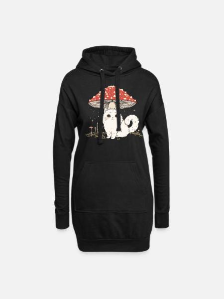 Cottagecore Ästhetische Niedliche Weiße Katze Pilz - Hoodie-Kleid - Schwarz