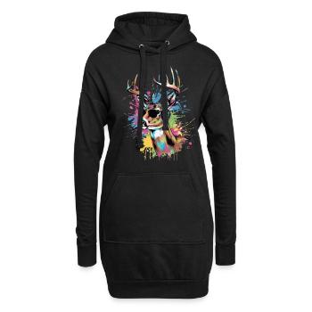 Pop Art Hirsch mit Kopfhörer Sonnenbrille Fest - Hoodie-Kleid - Schwarz - Vorne