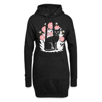 Cottagecore Idylle: Schwarze Katze mit Blumen und - Hoodie-Kleid - Schwarz - Vorne