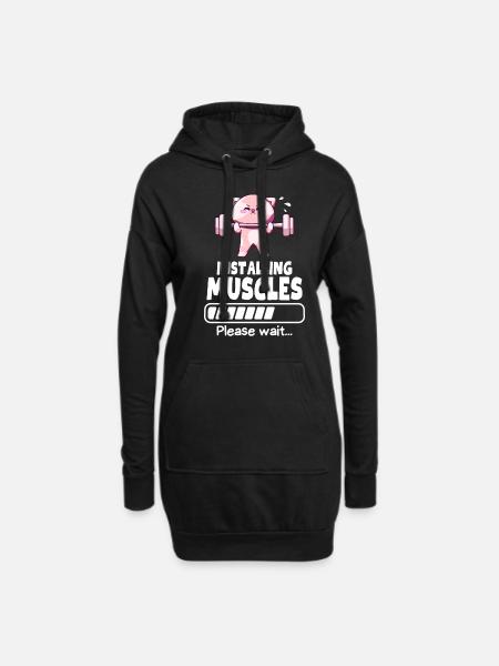 Muscle Building Weightlifting Cat Gym Humor - Hoodie Dress - black