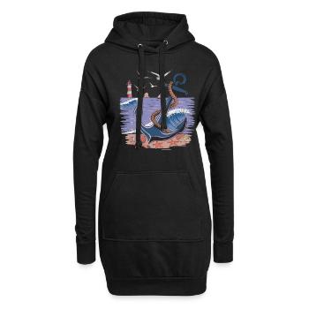 Nautischer Anker und Leuchtturm Ozean Szene - Hoodie-Kleid - Schwarz - Vorne