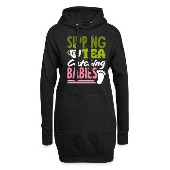 Sage-femme sirotant du thé Attraper des bébés - Sweat-shirt à capuche long Femme - noir - Devant