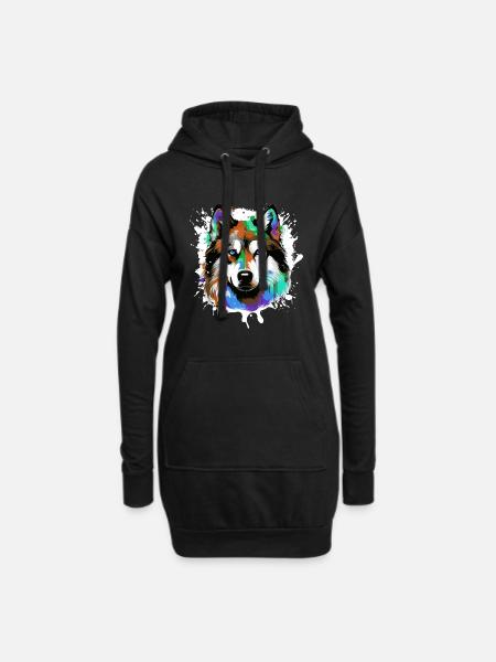 Husky Dog Head Portrait Colorful - Hoodie Dress - black