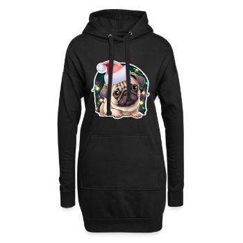 Carlin avec chapeau de Noël et guirlandes lumineuses - Sweat-shirt à capuche long Femme - noir - Devant