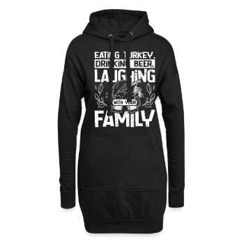 Manger de la dinde en buvant de la bière en riant en famille - Sweat-shirt à capuche long Femme - noir - Devant