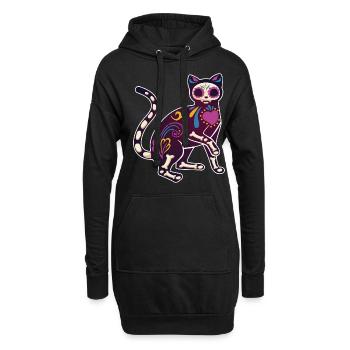 Katze Blumen Skelett Muertos Tag Des Toten Halloween - Hoodie-Kleid - Schwarz - Vorne
