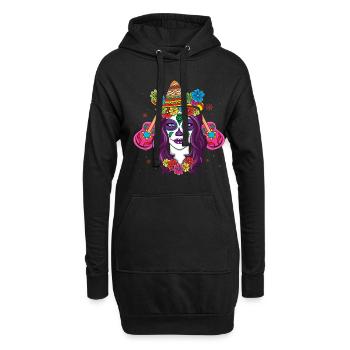 Bunte Calavera mit Blumen und Sombrero - Hoodie-Kleid - Schwarz - Vorne