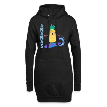 pineapple riding waves on a surfboard, - Hoodie Dress - black - Front