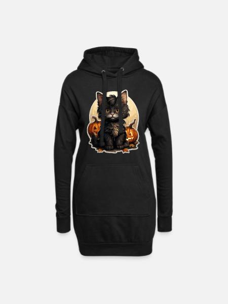 Cat with pumpkin on Halloween - Hoodie Dress - black
