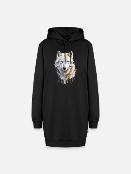 Arktische Majestät: Aquarell Weißer Wolf Porträt - Hoodie-Kleid - Schwarz