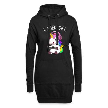 Gamer Girl Einhorn mit bunten Haaren - Hoodie-Kleid - Schwarz - Vorne