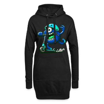 niedliches lustiges blaues Monster auf Escooter - Hoodie-Kleid - Schwarz - Vorne