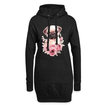 Mops mit Blumen - Hoodie-Kleid - Schwarz - Vorne