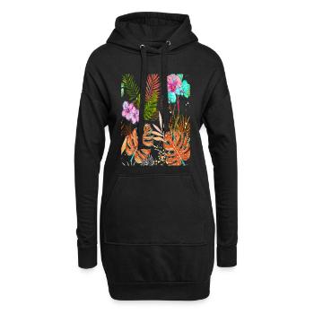 Motif tropical Monstera exotique avec des fleurs - Sweat-shirt à capuche long Femme - noir - Devant