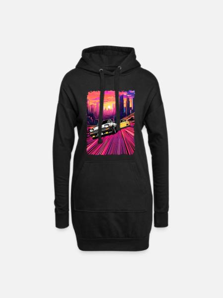 Neon City Car Chase Illustration - Hoodie Dress - black