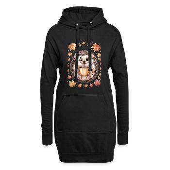 Herbstlicher Igel mit Kaffeebecher - Hoodie-Kleid - Schwarz - Vorne